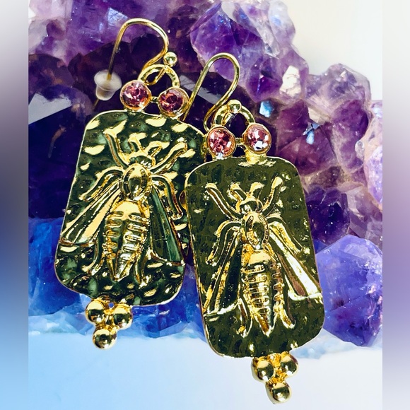 Gold Bee Pink Rhinestone Earrings | Gold Bee Earrings Anthro Vibes 🐝 FreeW/35 - Picture 7 of 13